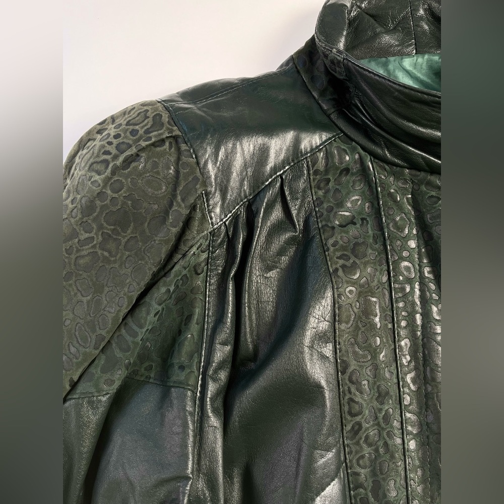 Women's vintage Dark Green Leather Jacket - Textured Panel Design